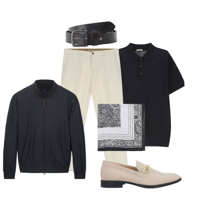 Outfit uomo - Classica eleganza. Stile Business/Elegante per Cerimonia. Abbinamento con scarpe stringate, cinture, polo, pantaloni chino, sciarpe e foulard, bomber.