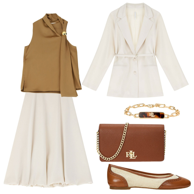 Outfit donna - Stile e femminilità. Stile Bon Ton per Ufficio. Abbinamento con gonne longuette, top, blazer, ballerine, braccialetti, borse a mano.