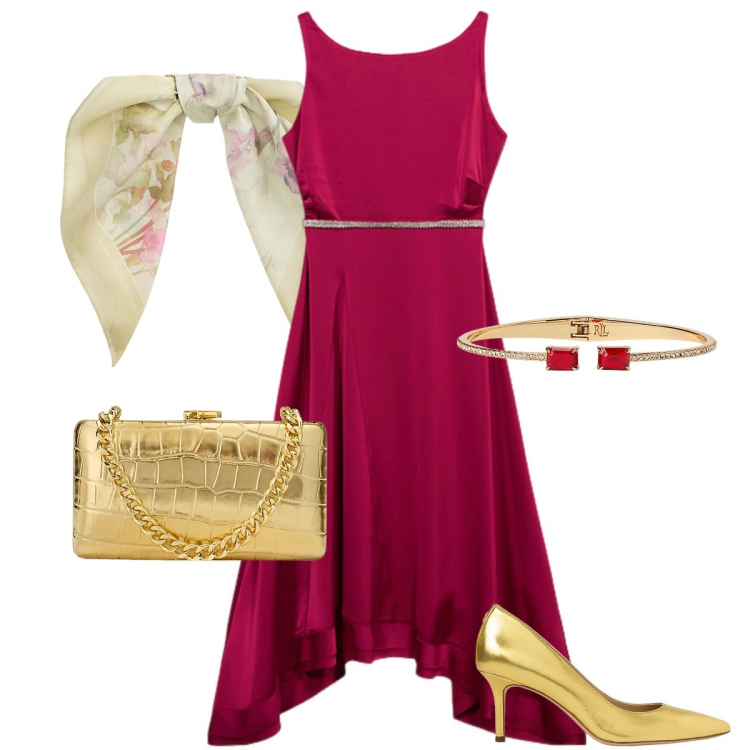 Outfit donna - La testimone della sposa. Stile Chic per Cerimonia. Abbinamento con décolleté, braccialetti, clutch, foulard, vestiti lunghi.