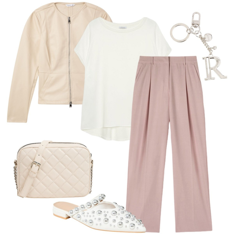 Outfit donna - Semplice e femminile. Stile Romantica per Tutti i giorni. Abbinamento con ballerine, blazer, borse a tracolla, bluse, pantaloni a palazzo, portachiavi.