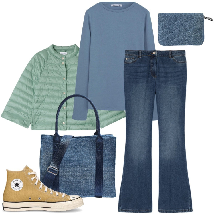 Outfit donna - Il piumino verde acqua. Stile Basic per Tutti i giorni. Abbinamento con portafogli, shopping bag, t-shirt, sneakers, cappe, jeans.
