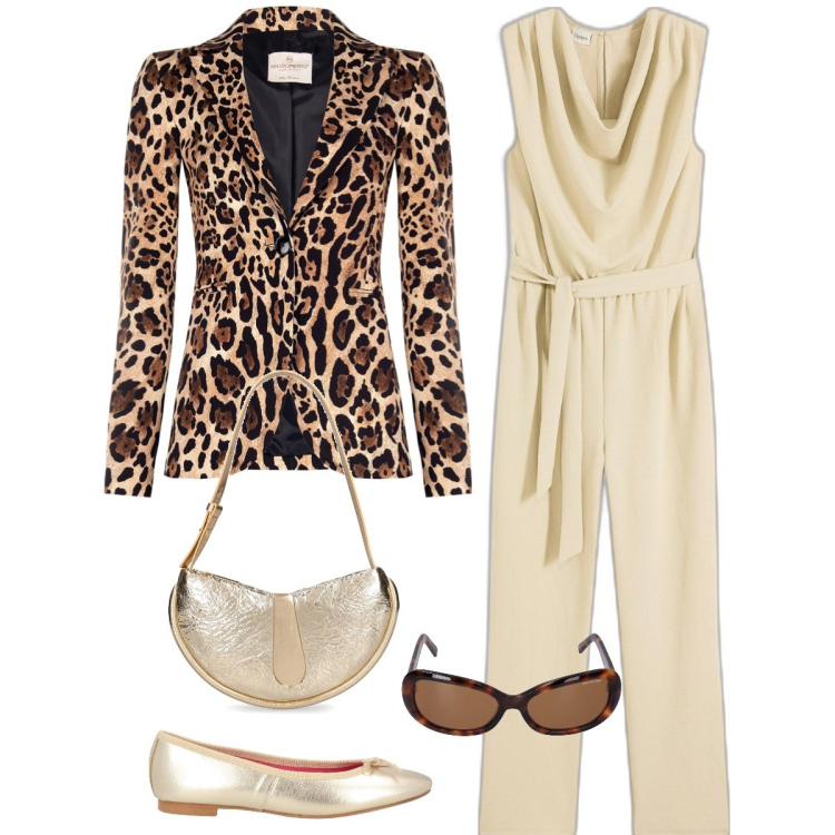 Outfit donna - La giacca animalier. Stile Casual chic per Tutti i giorni. Abbinamento con tute, ballerine, blazer, occhiali da sole, borse a spalla.