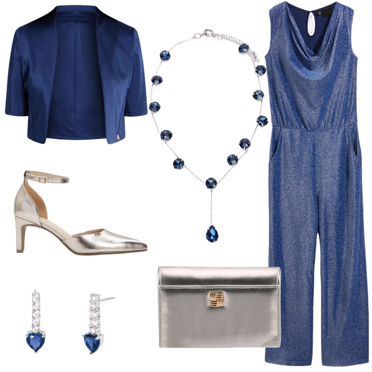 Outfit donna - Cerimonia: dress code brillare, sempre!. Stile Glamour per Cerimonia. Abbinamento con tute, décolleté, orecchini, blazer, borse a tracolla, collane.