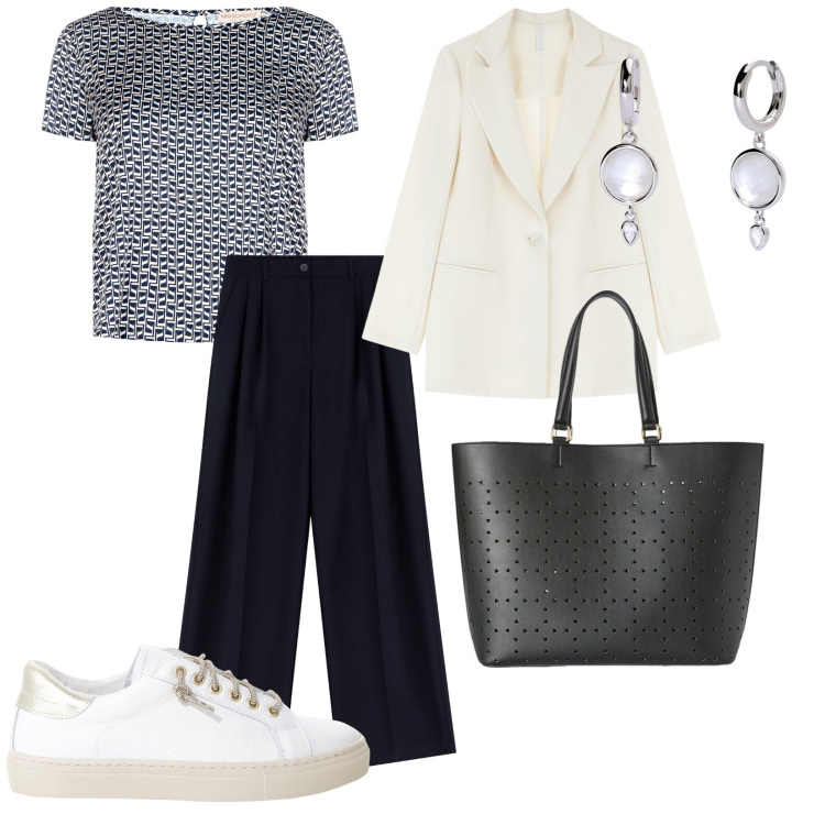Outfit donna - Pratica in città. per Tutti i giorni. Abbinamento con orecchini, bluse, blazer, sneakers, pantaloni, shopping bag.