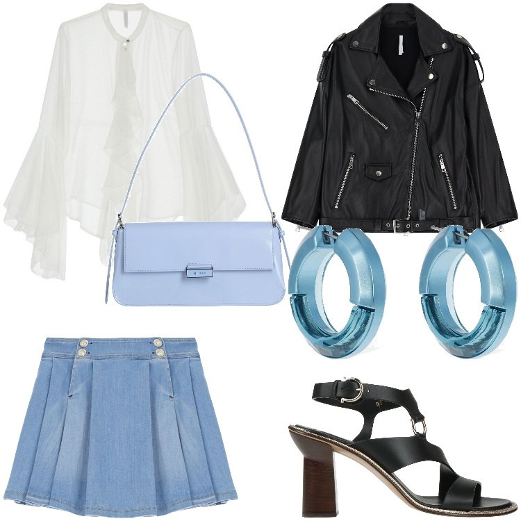 Outfit donna - Svolazzi. Stile Casual chic per Tutti i giorni. Abbinamento con borse a spalla, sandali in pelle, minigonne, giacche, camicie, orecchini.