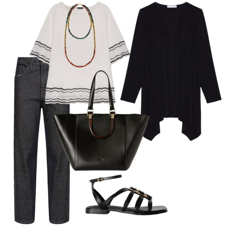 Outfit donna - Urban. per Tutti i giorni. Abbinamento con bluse, blazer, pantaloni, sandali gioiello, ciondoli, shopping bag.