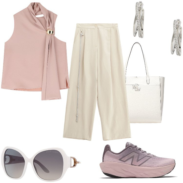Outfit donna - Imprelial look. Stile Casual chic per Ufficio. Abbinamento con sneakers, pantaloni, top, borse tote, occhiali da sole, orecchini.