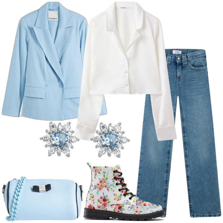 Outfit donna - Leggerezza. Stile Trendy per Tutti i giorni. Abbinamento con stivaletti, blazer, borse a tracolla, orecchini, camicie, jeans.