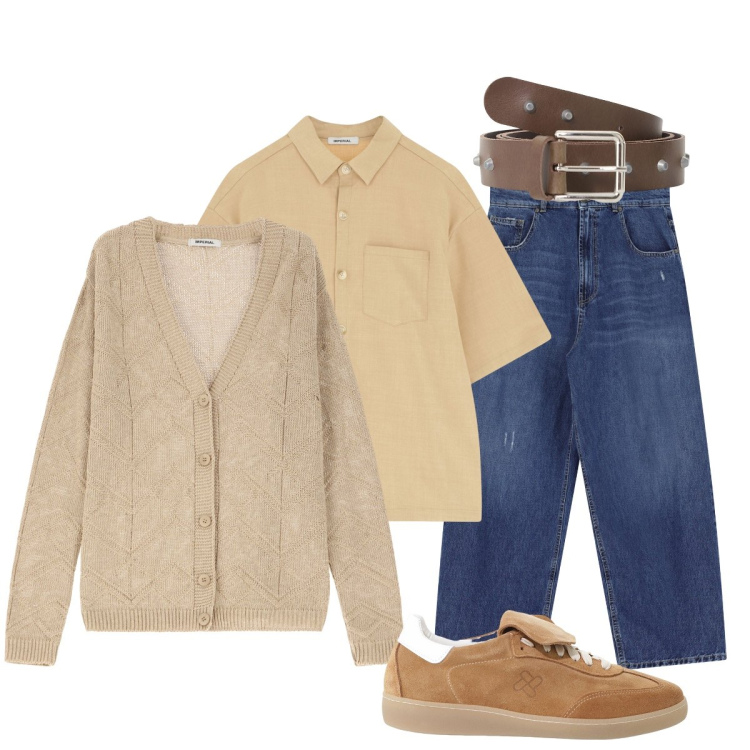 Outfit uomo - Total look #2116138. Stile Trendy per Ufficio. Abbinamento con cardigans, jeans, cinture, sneakers, camicie a manica corta.