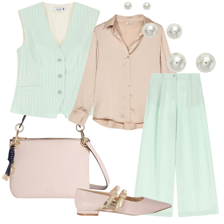 Outfit donna - Total look #2116155. Stile Chic per Cerimonia. Abbinamento con gilet, pantaloni a palazzo, orecchini, ballerine, camicie, borse a tracolla.