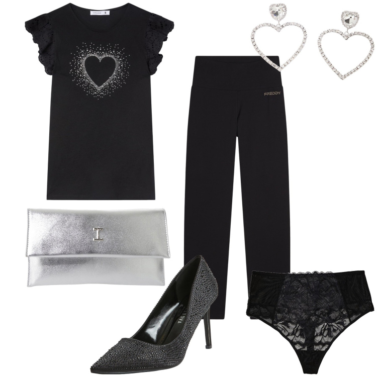 Outfit donna - Cuori di aperitivo. Stile Glamour per Serata fuori. Abbinamento con perizomi, t-shirt, décolleté, pochette, pantaloni, orecchini.