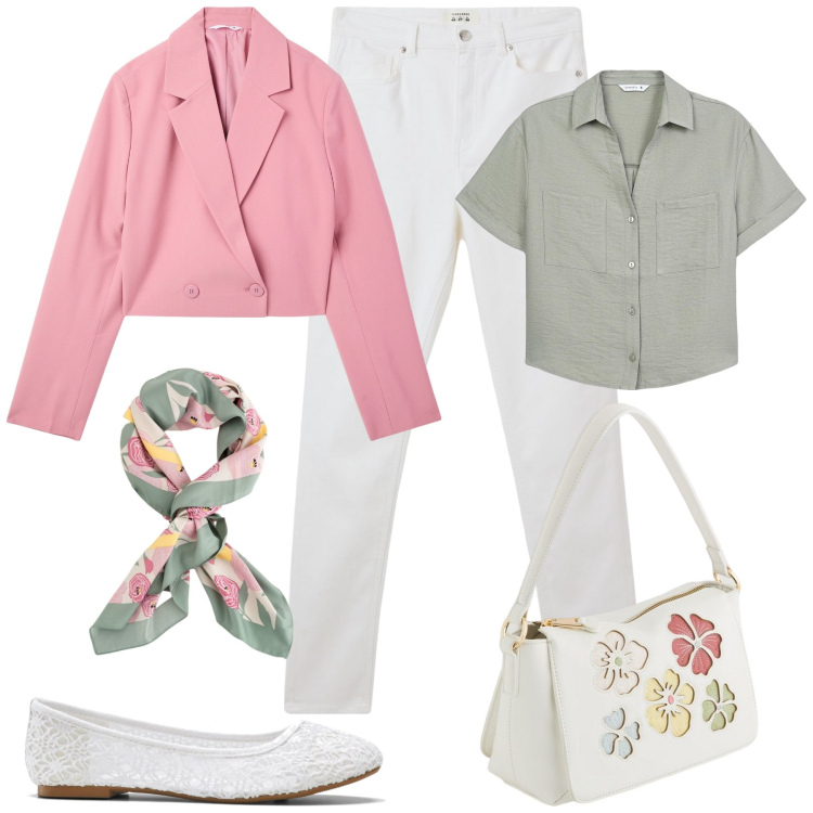 Outfit donna - Spring at work. Stile Casual chic per Tutti i giorni. Abbinamento con ballerine, pantaloni skinny, blazer, camicie a manica corta, borse a tracolla, foulard.