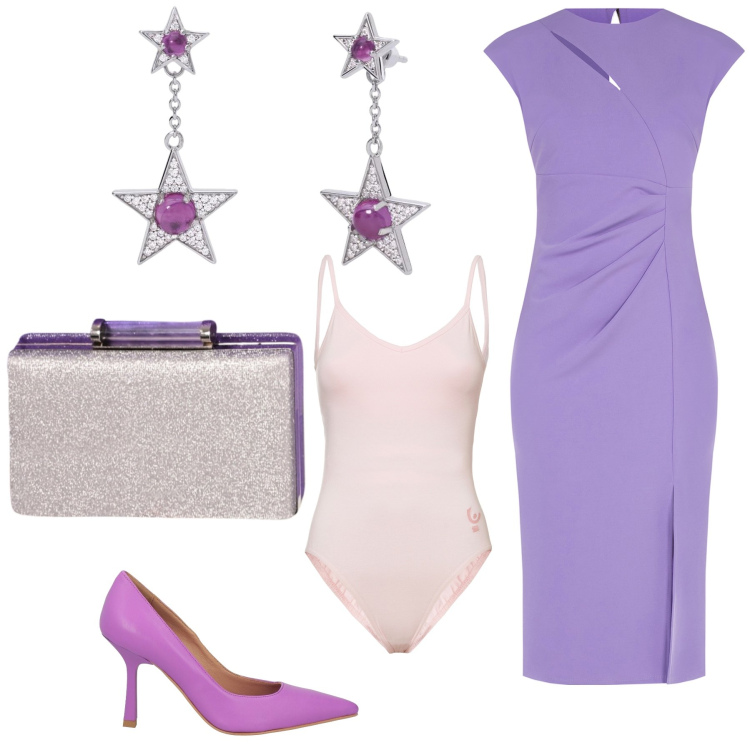 Outfit donna - Sotto i fiori di lillà. Stile Glamour per Serata fuori. Abbinamento con décolleté, orecchini, vestiti midi/longuette, pochette, body.