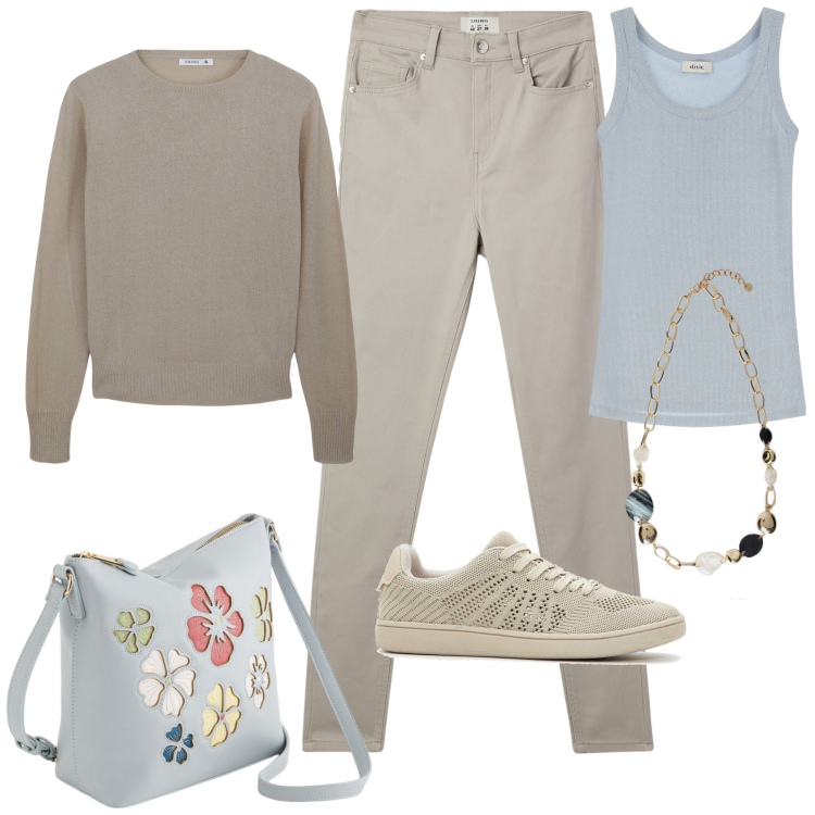 Outfit donna - Relax per la giornata. Stile Casual per Tutti i giorni. Abbinamento con sneakers, pantaloni skinny, maglieria, canottiere, collane, borse a tracolla.