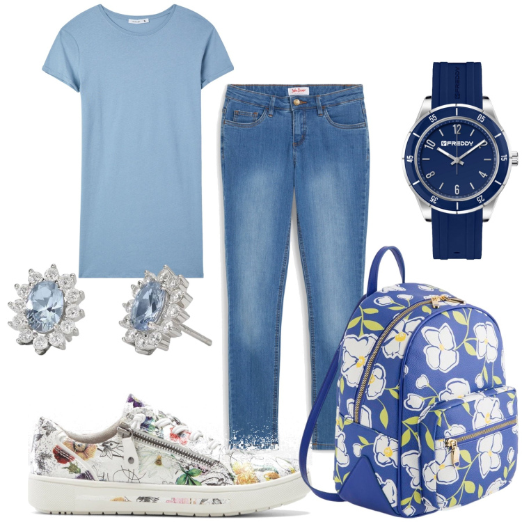 Outfit donna - Pic nic tra i fiori. Stile Casual chic per Tutti i giorni. Abbinamento con jeans skinny, sneakers, t-shirt, orecchini, orologi, zaini.