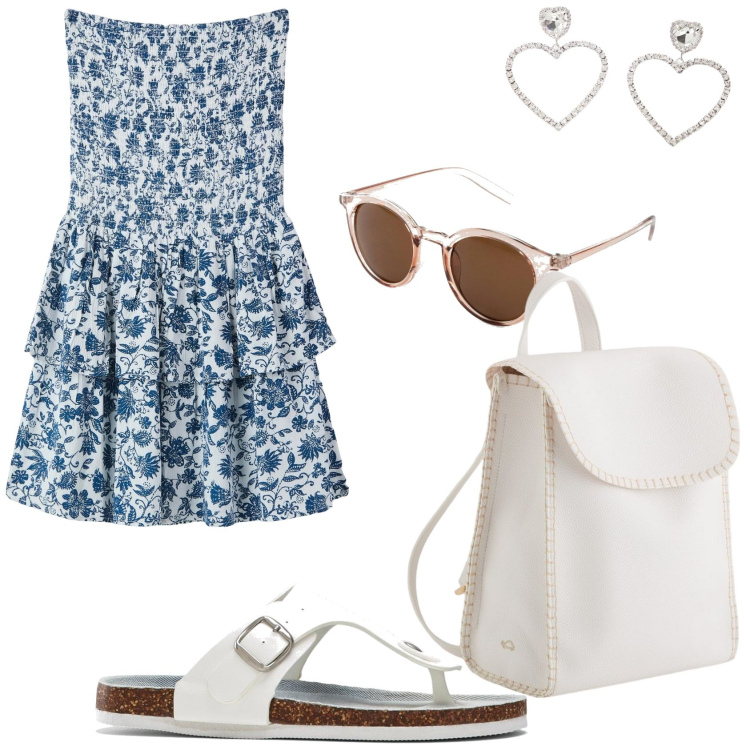 Outfit donna - Pomeriggio al mare. Stile Casual chic per Tutti i giorni. Abbinamento con occhiali da sole, infradito, vestiti corti, orecchini, zaini.