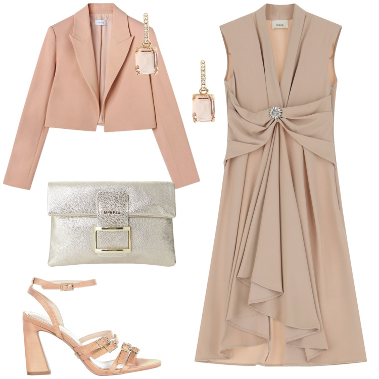 Outfit donna - Tempo di cerimonie. Stile Chic per Cerimonia. Abbinamento con pochette, vestiti midi/longuette, sandali col tacco, orecchini, bolero.