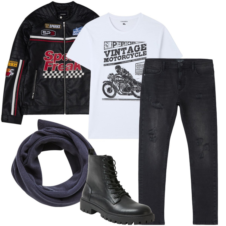 Outfit uomo - Giro in moto. Stile Biker Rock per Tutti i giorni. Abbinamento con jeans strappati, t-shirt, giacche, anfibi, sciarpe.