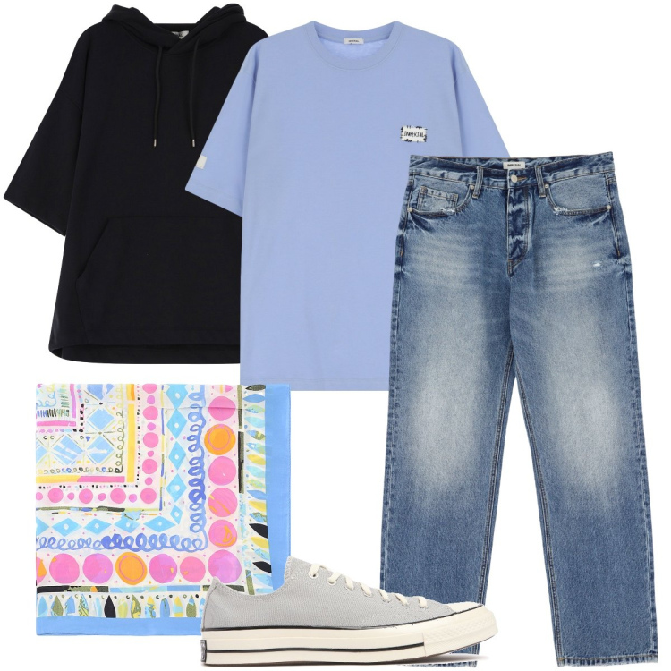 Outfit uomo - Il foulard colorato. Stile Casual per Tutti i giorni. Abbinamento con jeans, felpe con cappuccio, t-shirt, sciarpe e foulard, sneakers.