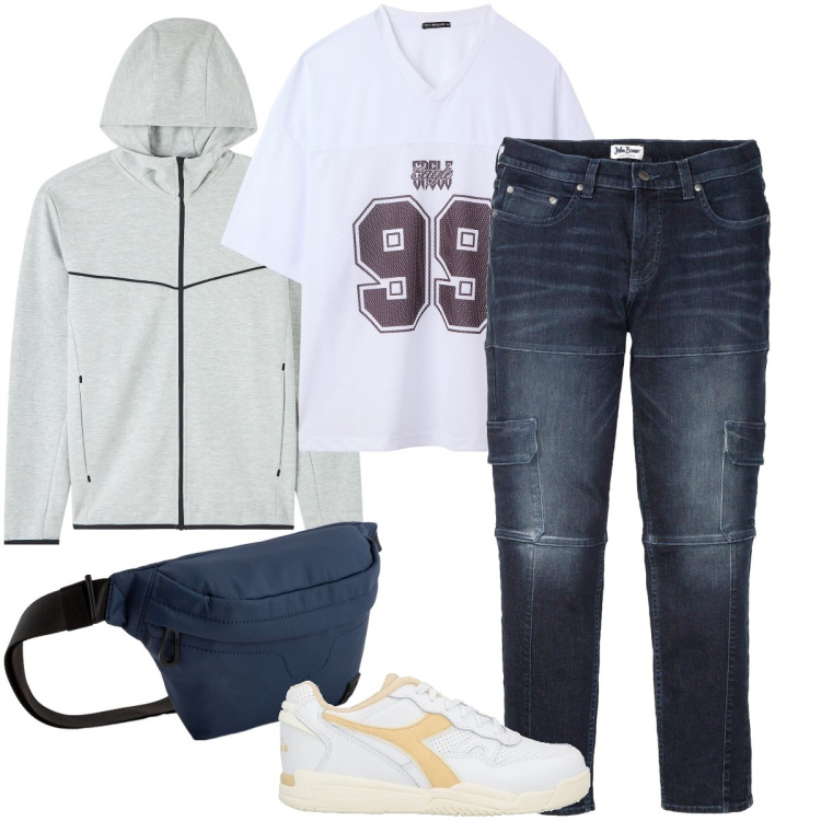 Outfit uomo - Alla finale di basket. Stile Casual per Tutti i giorni. Abbinamento con jeans slim fit, sneakers, felpe con cappuccio, t-shirt, borse sportive.