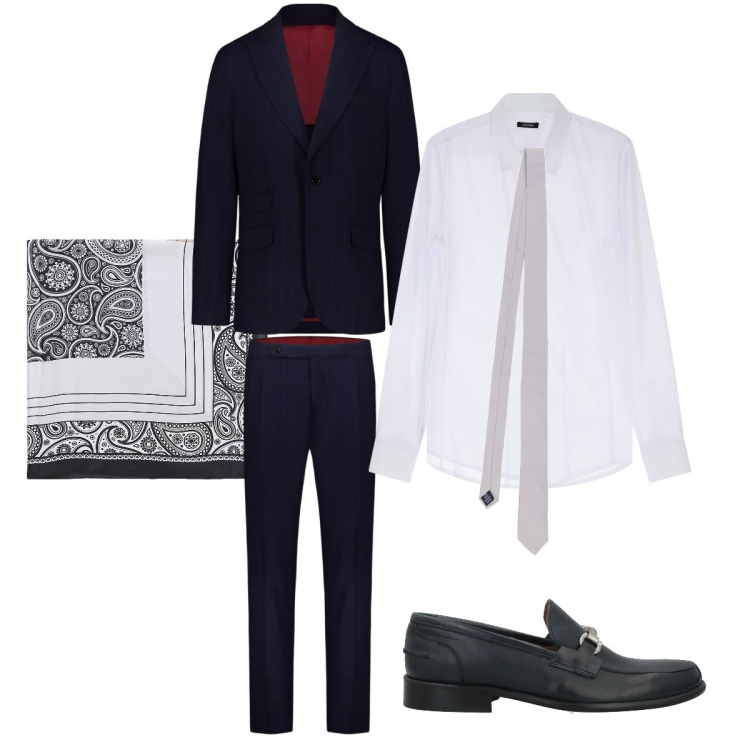 Outfit uomo - Elegante al matrimonio. Stile Business/Elegante per Cerimonia. Abbinamento con scarpe stringate, camicie, sciarpe e foulard, abiti, cravatte.