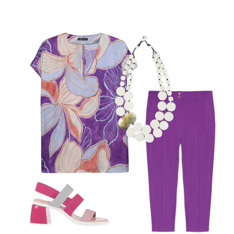 Outfit donna - Total look #2116225. Stile Casual chic per Ufficio. Abbinamento con sandali col tacco, pantaloni chino, bluse, ciondoli.