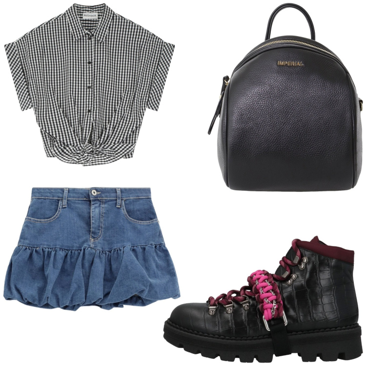 Outfit donna - Total look #2116226. Stile Urban per Tutti i giorni. Abbinamento con stivaletti, minigonne, zaini, camicie.