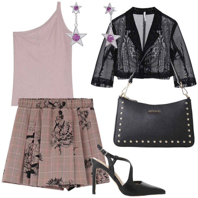 Outfit donna - Stasera si va a ballare. Stile Mannish per Ufficio. Abbinamento con orecchini, décolleté, top, blazer, gonne, borse a spalla.