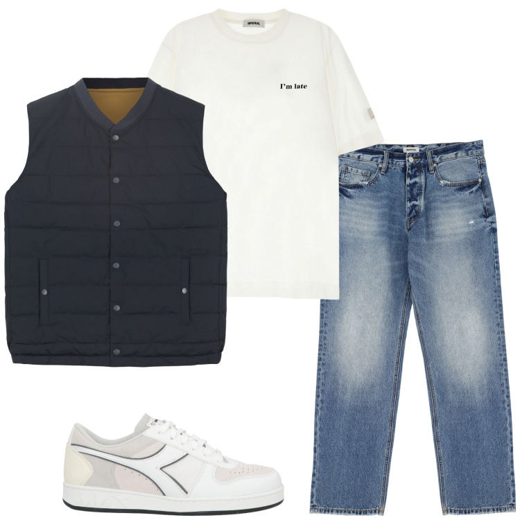 Outfit uomo - Semplicemente. Stile Casual per Tutti i giorni. Abbinamento con sneakers, t-shirt, jeans, gilet.