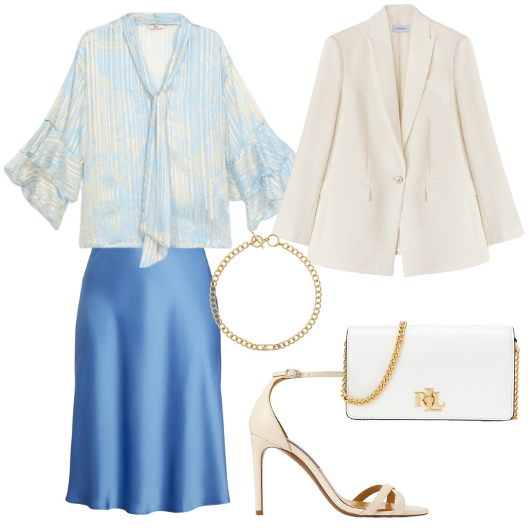 Outfit donna - Cerimonia di mattina. Stile Chic per Cerimonia. Abbinamento con sandali col tacco, gonne, collane, borse a mano, blazer, bluse.