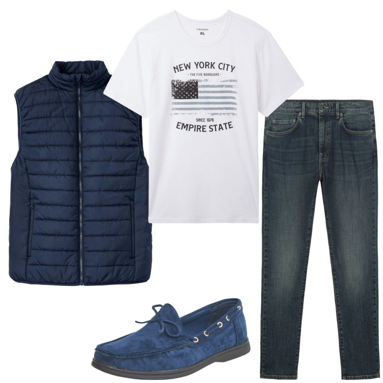 Outfit uomo - New York city boy. Stile Casual per Tutti i giorni. Abbinamento con gilet, scarpe stringate, t-shirt, jeans.