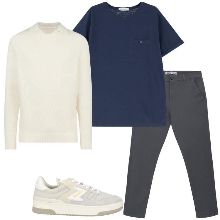 Outfit uomo - Mix and match. Stile Casual per Tutti i giorni. Abbinamento con sneakers, pantaloni chino, t-shirt, maglieria.