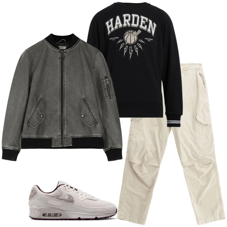 Outfit uomo - Total look #2116242. Stile Casual per Tutti i giorni. Abbinamento con felpe, bomber, pantaloni cargo, sneakers.