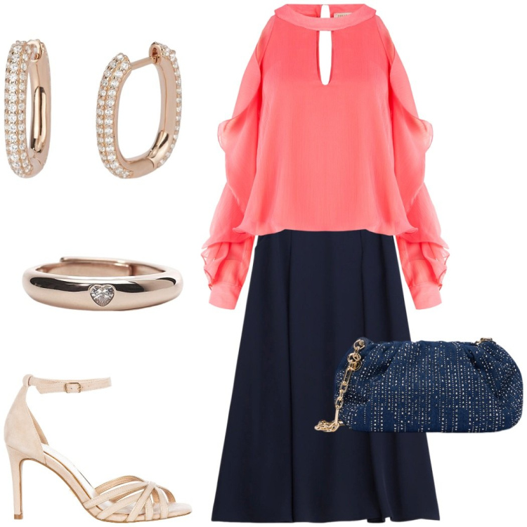 Outfit donna - A cena fuori. Stile Glamour per Serata fuori. Abbinamento con gonne lunghe, orecchini, anelli, sandali col tacco, bluse, clutch.