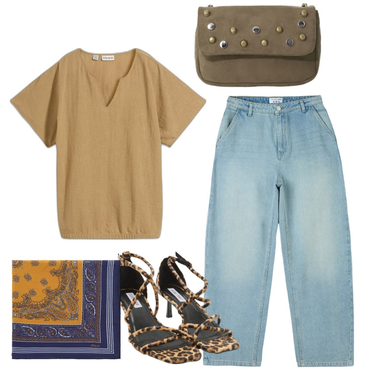 Outfit donna - Chic casual. Stile Casual chic per Tutti i giorni. Abbinamento con bluse, jeans, sandali col tacco, borse a tracolla, foulard.