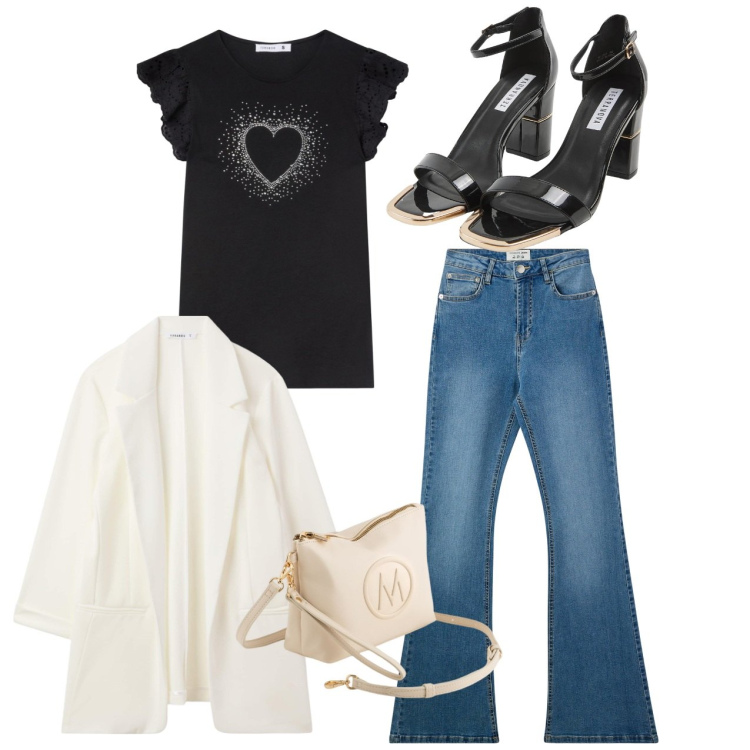 Outfit donna - Pomeriggio casual chic. Stile Casual chic per Tutti i giorni. Abbinamento con t-shirt, sabot, jeans a zampa, valigie, blazer.