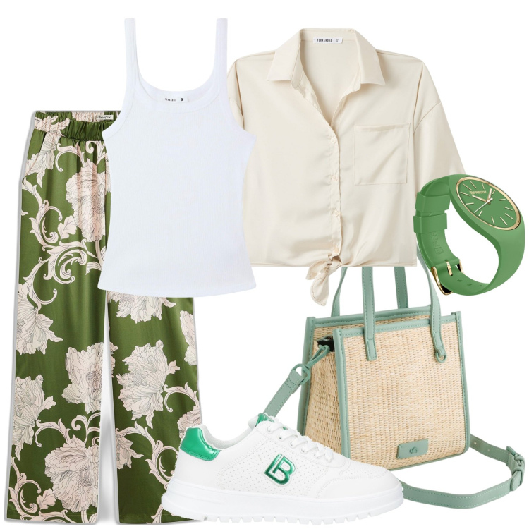 Outfit donna - Gita a Gardaland. Stile Casual chic per Tutti i giorni. Abbinamento con pantaloni a palazzo, sneakers, camicie a manica corta, canottiere, orologi, borse a mano.