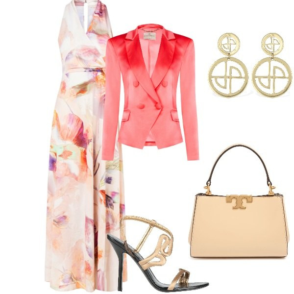 Outfit donna - Matrimonio in vista. Stile Glamour per Cerimonia. Abbinamento con sandali in pelle, vestiti lunghi, blazer, orecchini, borse a mano.