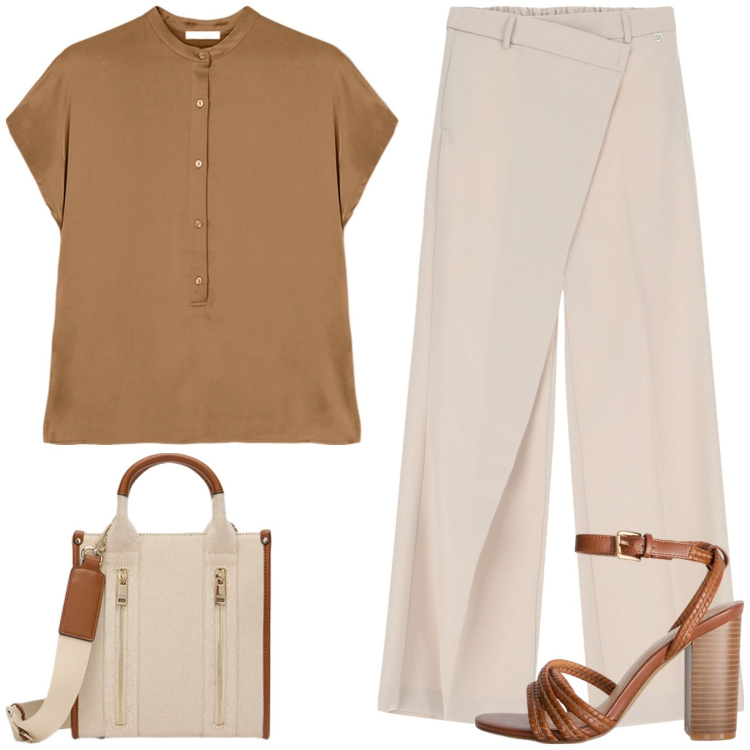 Outfit donna - Glamour in ufficio. Stile Casual chic per Ufficio. Abbinamento con pantaloni, sandali col tacco, bluse, borse tote.