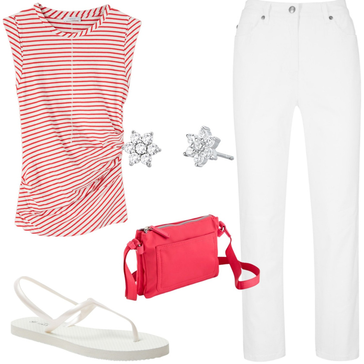 Outfit donna - Per tutti i giorni. Stile Casual per Tutti i giorni. Abbinamento con pantaloni, sandali, orecchini, top, borse a tracolla.