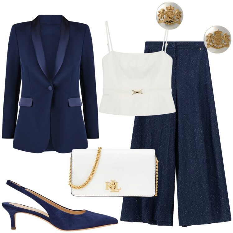 Outfit donna - Cerimonia elegante. Stile Glamour per Cerimonia. Abbinamento con blazer, top, orecchini, décolleté, borse a mano, pantaloni a palazzo.