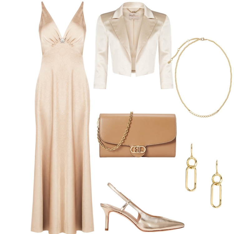 Outfit donna - Cerimonia con stile. Stile Chic per Cerimonia. Abbinamento con bolero, vestiti lunghi, borse a tracolla, orecchini, décolleté, collane.