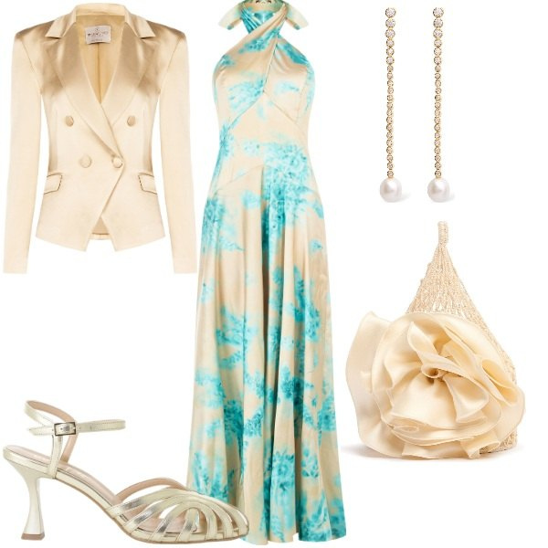 Outfit donna - Matrimonio di sera. Stile Glamour per Cerimonia. Abbinamento con vestiti lunghi, blazer, sandali col tacco, borse a mano, orecchini.