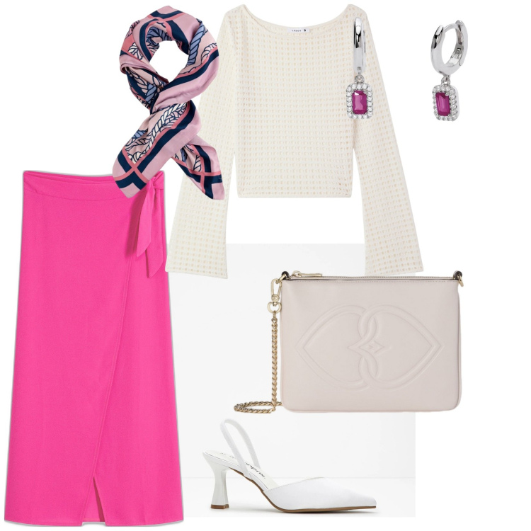 Outfit donna - Fresca in primavera. per Tutti i giorni. Abbinamento con décolleté, gonne, maglieria, orecchini, foulard, pochette.