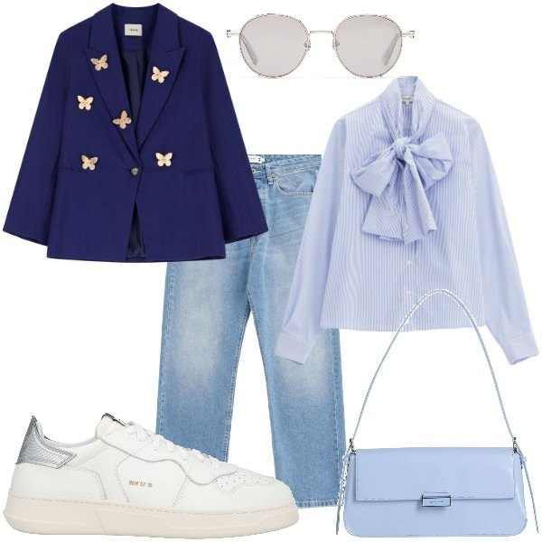 Outfit donna - Al lavoro. Stile Casual chic per Tutti i giorni. Abbinamento con borse a spalla, sneakers, camicie, jeans, blazer, occhiali da sole.