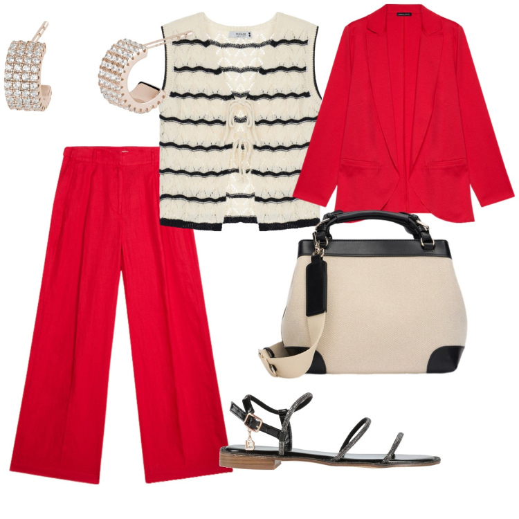 Outfit donna - In gita al mare. per Mare. Abbinamento con sandali, orecchini, top, blazer, pantaloni a palazzo, borse a mano.