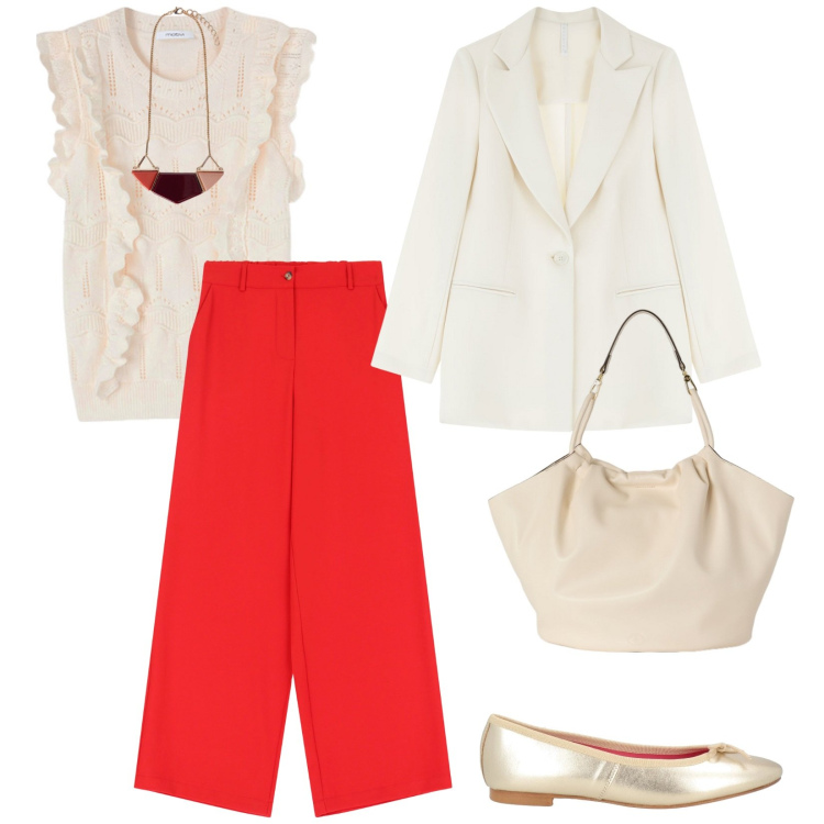 Outfit donna - In ufficio con il top. per Ufficio. Abbinamento con ballerine, blazer, pantaloni a palazzo, top, ciondoli, borse a secchiello.