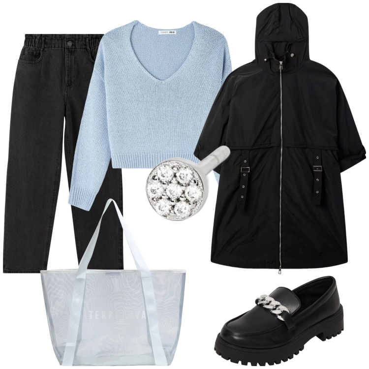Outfit donna - Total look #2116277. Stile Casual per Tutti i giorni. Abbinamento con jeans, mocassini, maglieria, trench, shopping bag, orecchini.