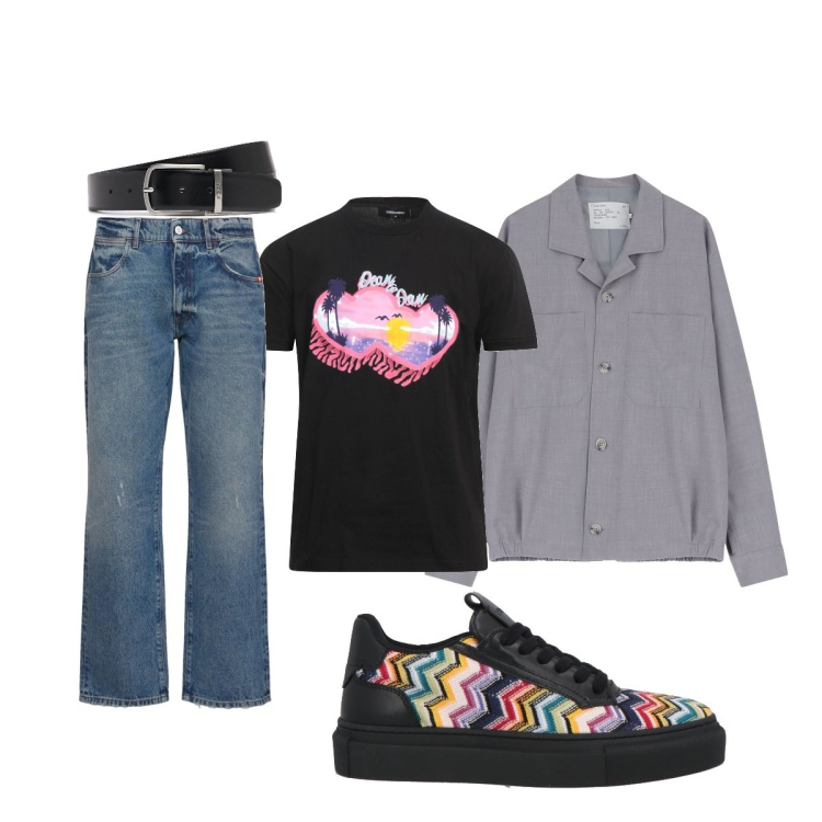 Outfit uomo - Total look #2116279. Stile Trendy per Tutti i giorni. Abbinamento con sneakers, t-shirt, cappotti, cinture, jeans.
