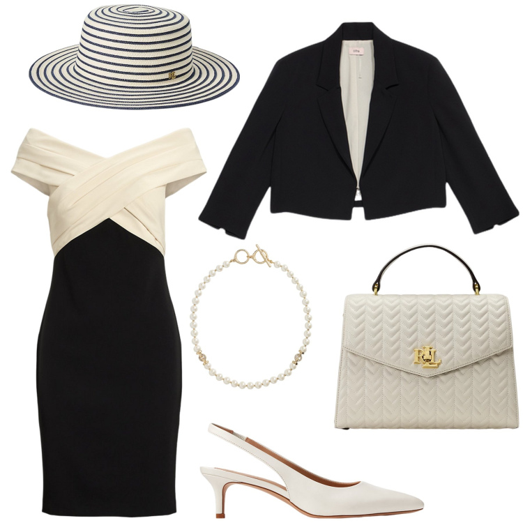 Outfit donna - La magia delle perle. Stile Glamour per Cerimonia. Abbinamento con décolleté, cappelli, collane, borse a mano, vestiti a tubino, bolero.